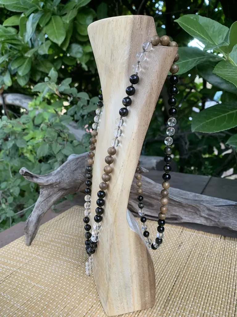 Mala 108 perles Naturelles Obsidienne Dorée AAA Rare, Cristal de Roche AAA et Bois Phoebe- Collier Spirituel Fait main en Pièce Unique