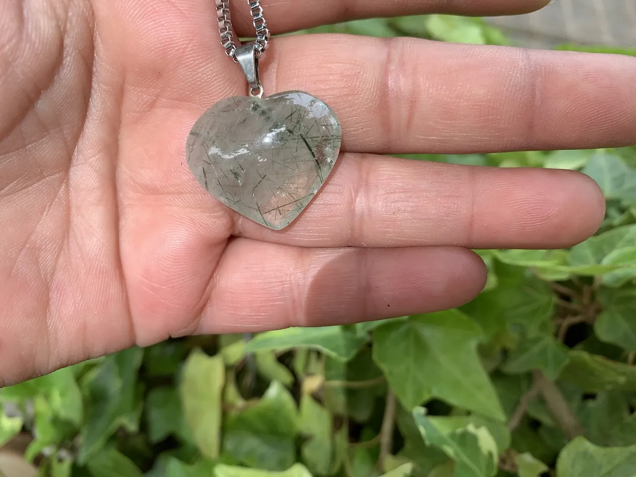 Chaîne et pendentif Cœur Quartz Rutilé Vert AA Naturel - Brésil