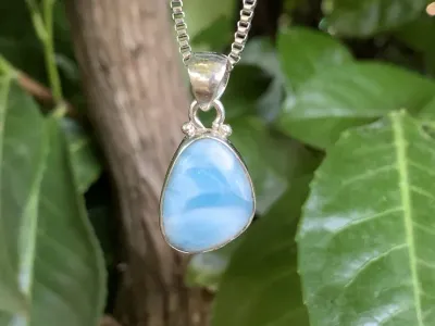 Chaîne et pendentif Larimar AA Naturel Argent 925 - Pierre Rare Qualité Supérieure République Dominicaine