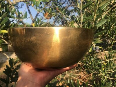 ​Bol chantant fait main - fleur de vie gravée à l'intérieur, 21 cm, 1160 g, maillet offert