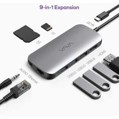 USB C Hub 9-in-1 Adapter with PD Power Delivery 4K USB C-HDMI Audio Port SD - Gray