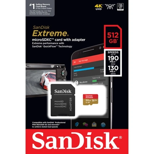 SANDISK 512GB EXTREME UHS-I MICROSDXC MEMORY CARD WITH SD ADAPTER