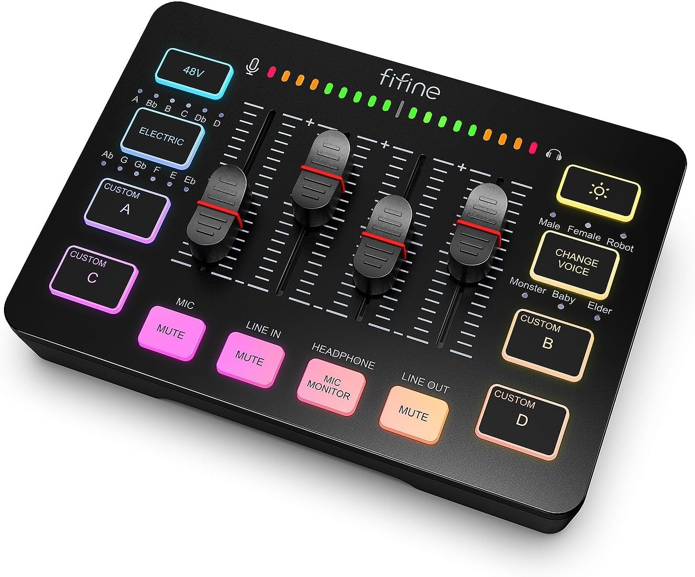 FIFINE Gaming Audio Mixer, Streaming RGB PC Mixer with XLR Microphone Interface, Individual Control, Volume Fader, Mute Button, 48V Phantom Power
