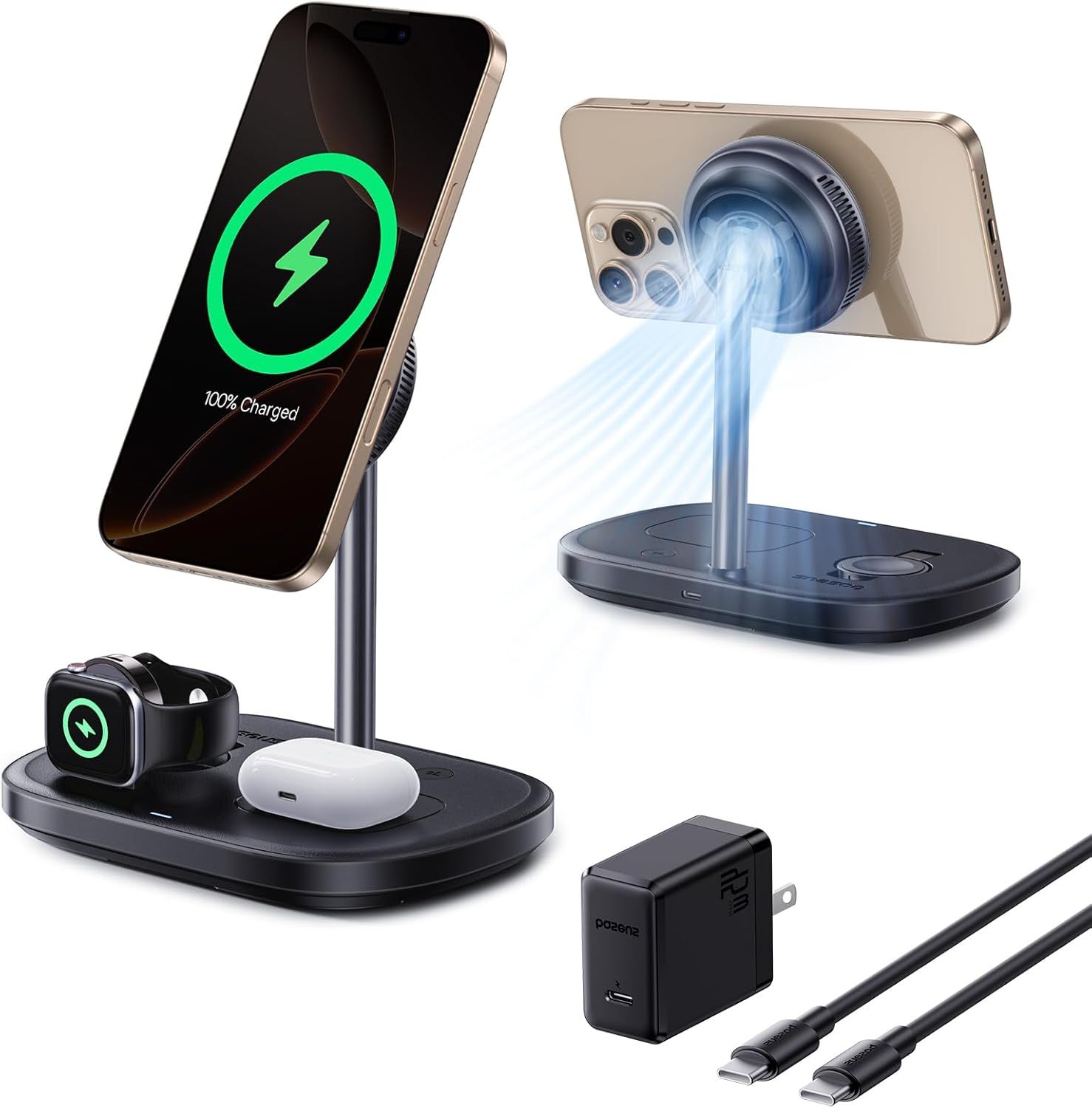 Baseus 3 in 1 Wireless Charger Stand, Qi2 Certified 15W Cooling Magnetic Charging Station