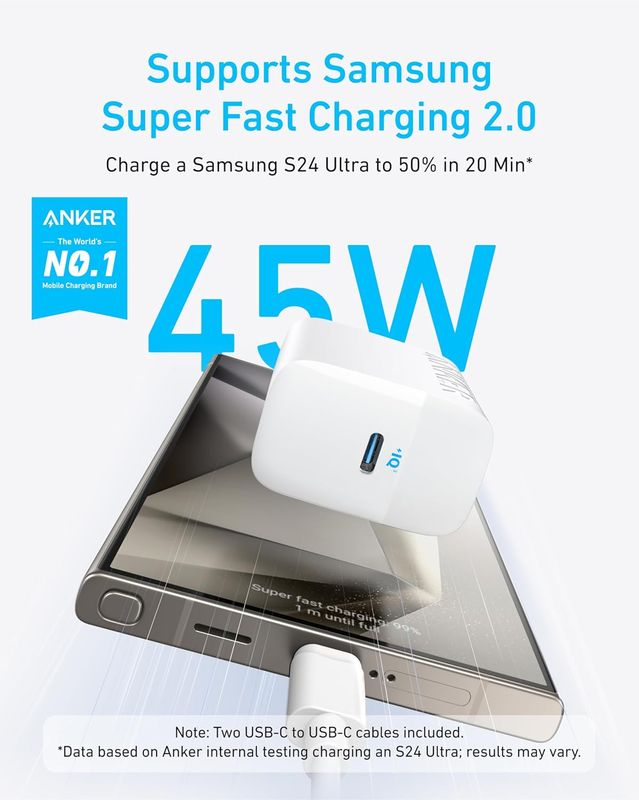 Anker 45W USB C Charger Block, PPS Fast Charger with USB-C Cable for iPhone 16/15 and More Series, iPad, Galaxy S24 Ultra (2-Pack 5 ft Cable Included)