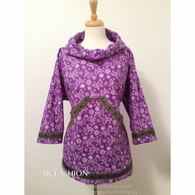 Purple Butterfly women kuspuk Cowl Neck 1/2 Sleeves 
