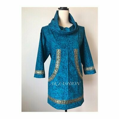 Blue green scrolling vines women kuspuk with cowl neck 2/3 sleeves