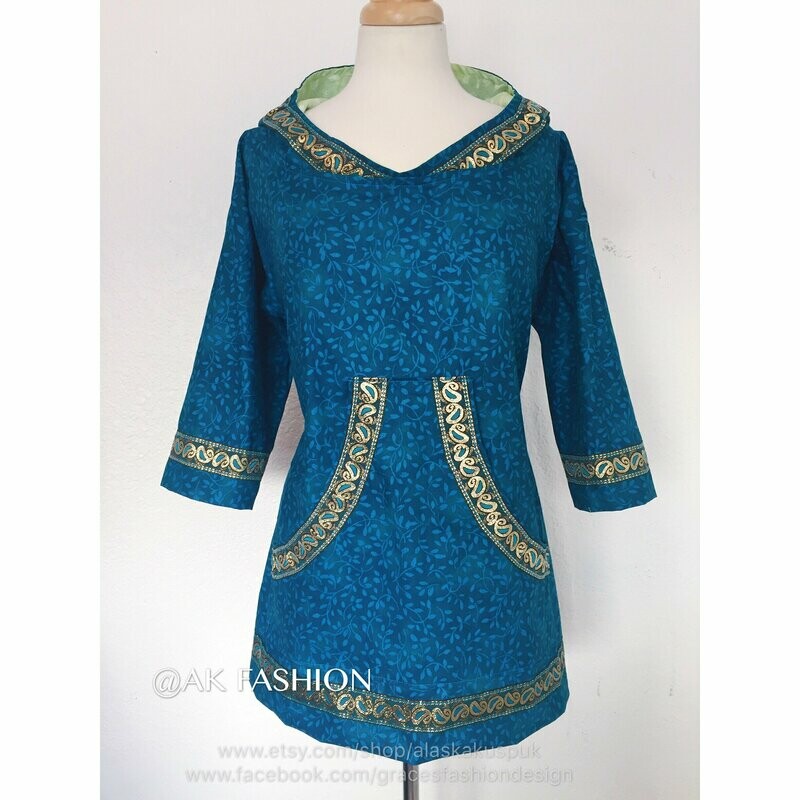 Blue green scrolling vines women kuspuks adult kuspuk alaska kuspuk with 2/3 sleeves