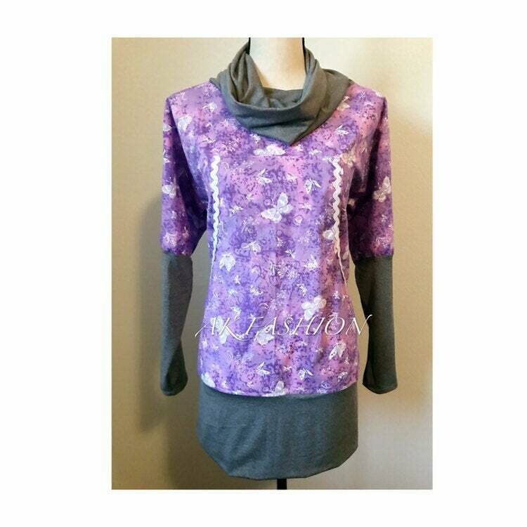 Purple butterfly women kuspuks adult kuspuk alaska kuspuk with cowl neck knit sleeves