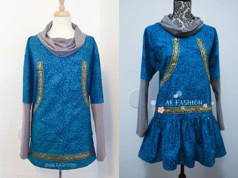 Blue green scrolling vines women kuspuks adult kuspuk alaska kuspuk cowl neck knit sleeves