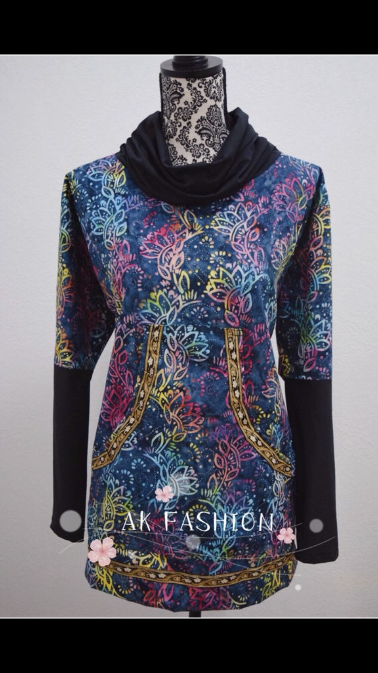 Blue Rainbow Flora women kuspuks adult kuspuk alaska kuspuk with cowl neck knit sleeve