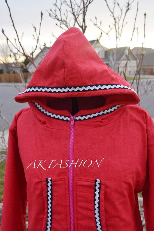  Red women kuspuks adult kuspuk alaska kuspuk with Double Trim Black And White 