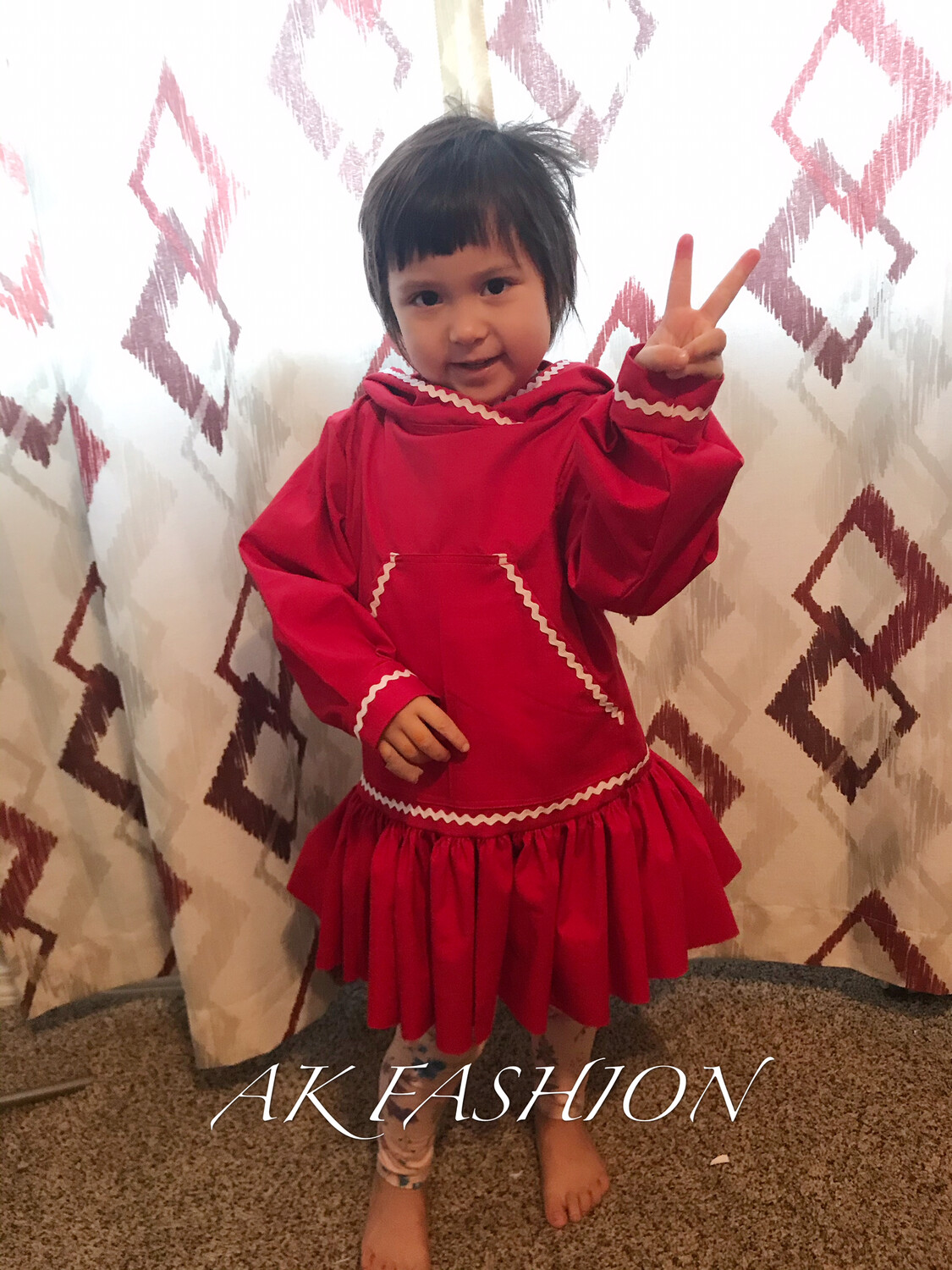 Alaska Kuspuk Children&#39;s Kuspuk dress girl kuspuk Red With white ribbons 