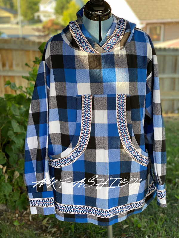 Women/men kuspuk pull over adult kuspuk alaska kuspuk Blue Check 