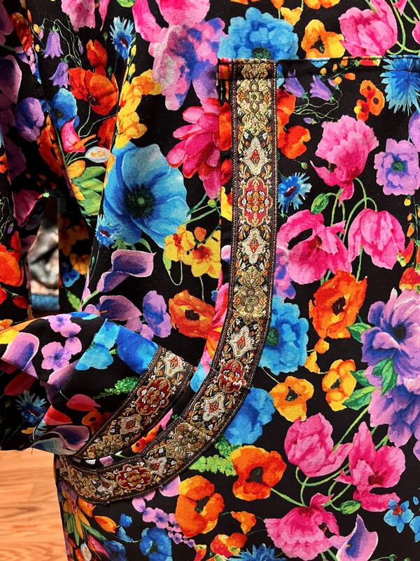 vibrant floral on black With Gold Flower Trim Kuspuk Women kuspuk