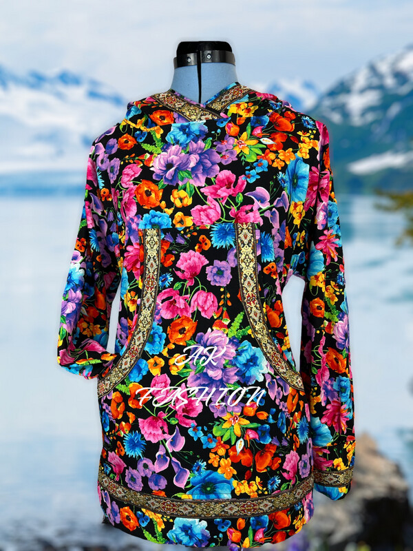 vibrant floral on black With Gold Flower Trim Kuspuk Women kuspuk