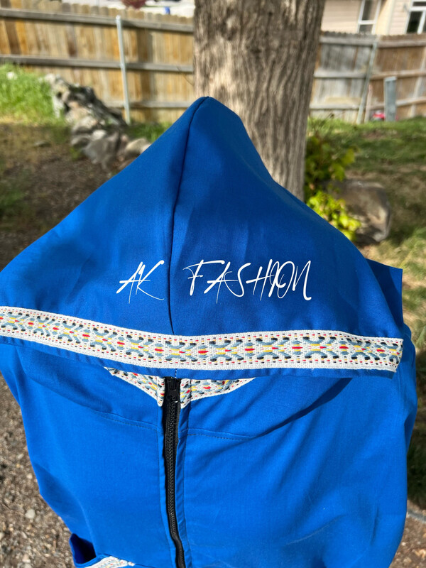 Solid Blue With Native Spirit Trim women/men kuspuk adult kuspuk alaska kuspuk