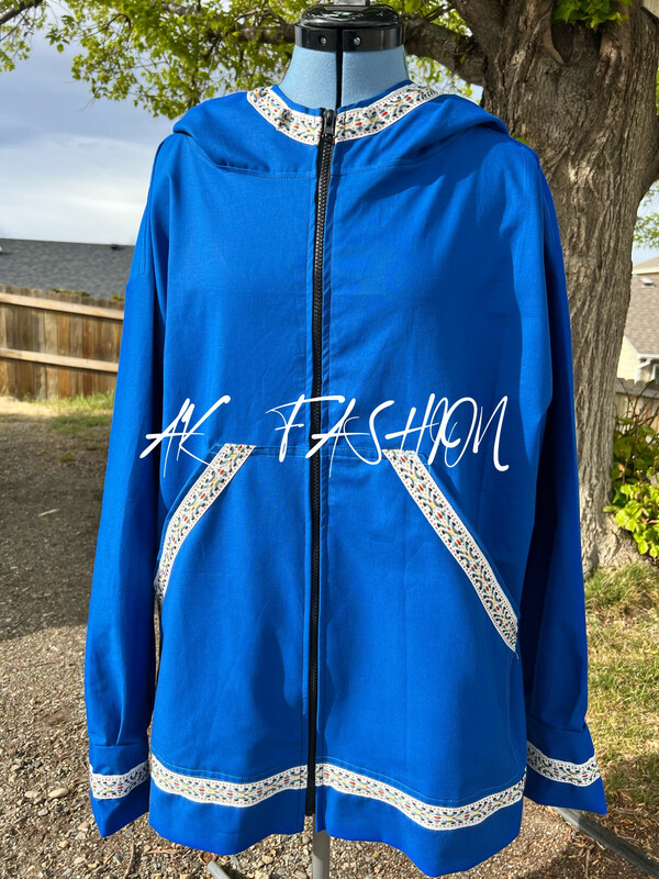 Solid Blue With Native Spirit Trim women/men kuspuk adult kuspuk alaska kuspuk