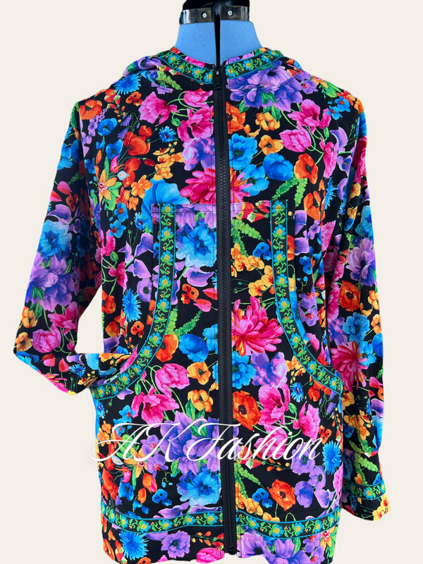vibrant floral on black With Blue Flower Trim Kuspuk Women kuspuk