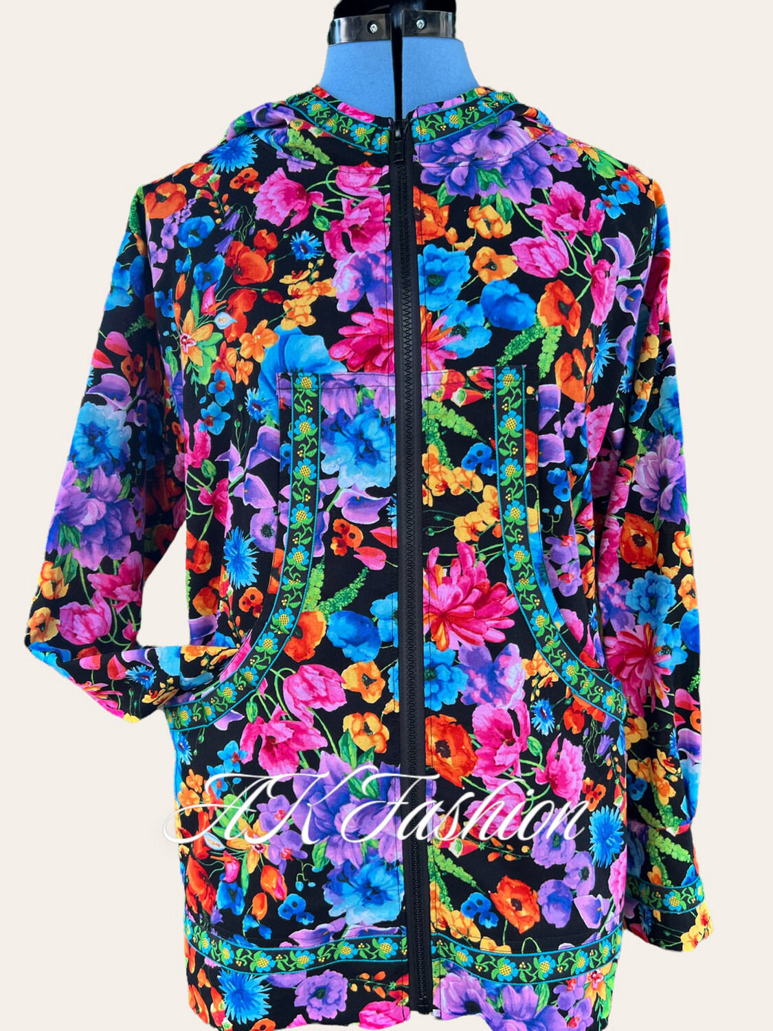 vibrant floral on black With Blue Flower Trim Kuspuk Women kuspuk