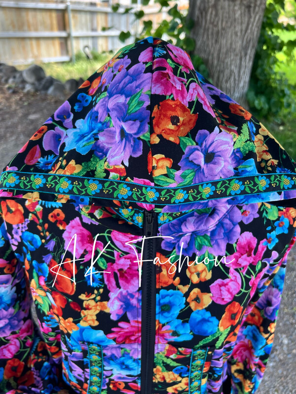 vibrant floral on black With Blue Flower Trim Kuspuk Women kuspuk