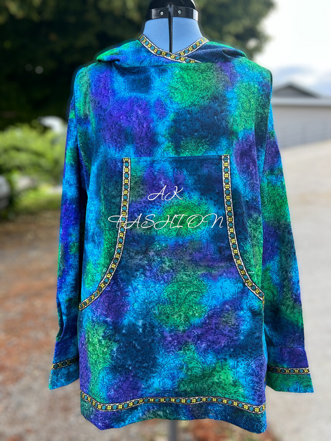 Deep Blue Green Paisley With Flower Trim women kuspuk Adult Kuspuk  