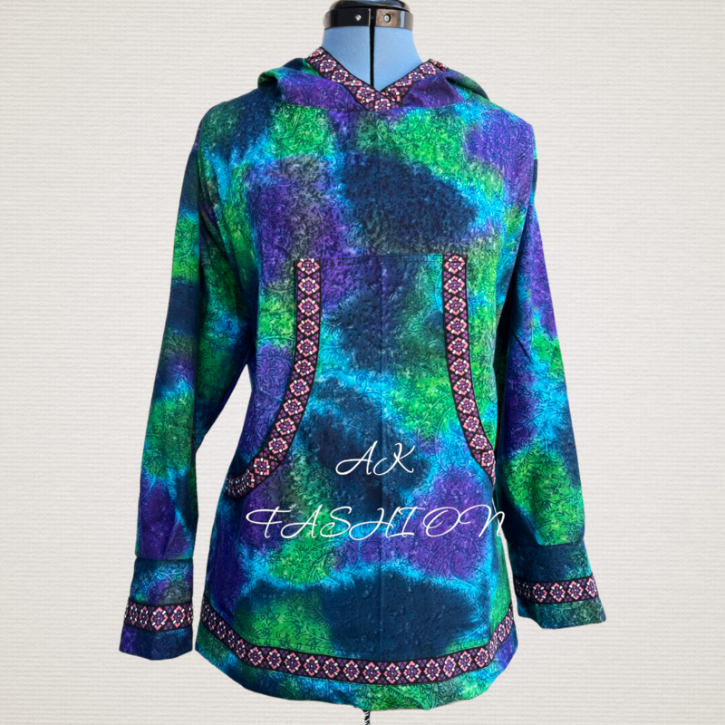 Deep Blue Green Paisley With Purple Trim women kuspuk Adult Kuspuk  
