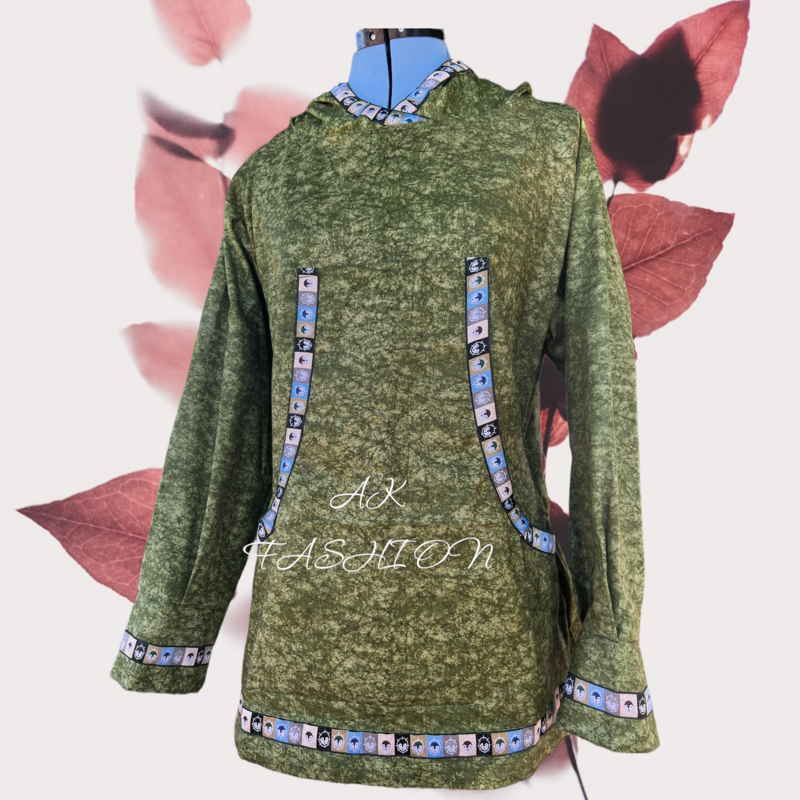 Men/women kuspuk jacket kuspuk Distressed green with native head trim