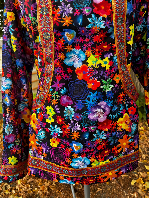 vibrant floral on black With Red Flower Trim Kuspuk Women kuspuk
