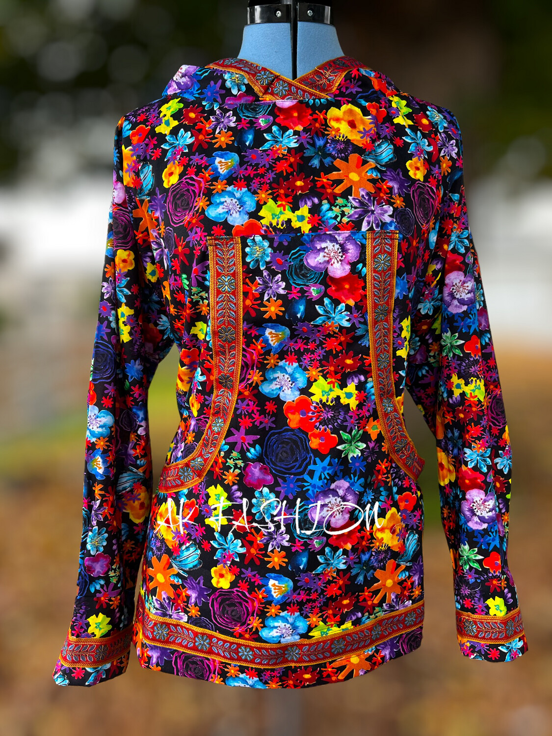vibrant floral on black With Red Flower Trim Kuspuk Women kuspuk