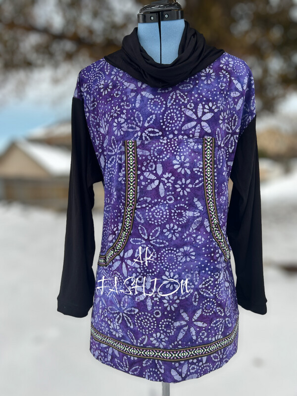 Purple Floral Batiks Kuspuk Cowl Neck And Knit Sleeves women kuspuk adult kuspuk