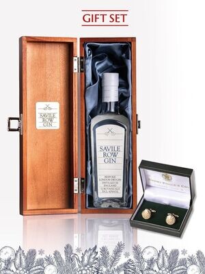 Savile Row Gin presented in our beautiful engraved Red Elm wood gift box with Henry Poole & Co Gilt (Gold) Napoleonic crested cufflinks encased in a signature Henry Poole & Co gift box.