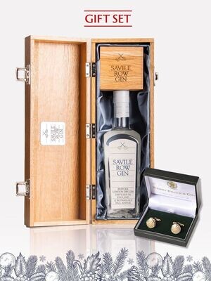 Premium gift set in a beautiful Real Oak box alongside Henry Poole & Co Gilt (Gold) Napoleonic crested cufflinks presented in a signature Henry Poole & Co gift box and branded cufflinks box