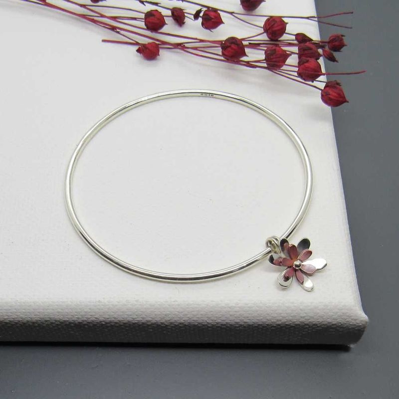 Argentium Silver Daisy Copper Charm Bracelet