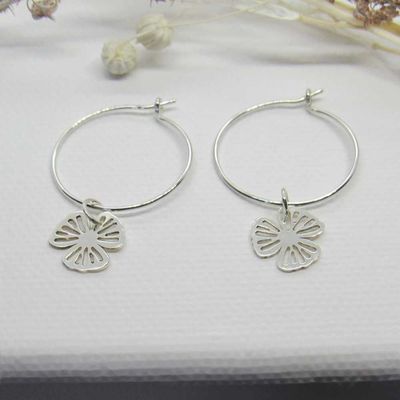 Argentium Hoops with Three Petal Flower Charm Argentium Hoops with Three Petal Flower Charm