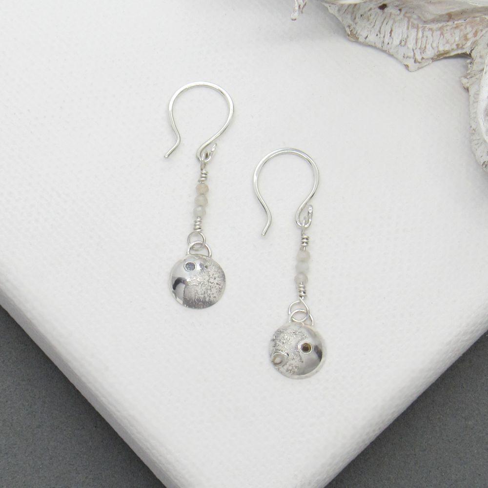 Moon and Grey Moonstone Micro Bead Earrings