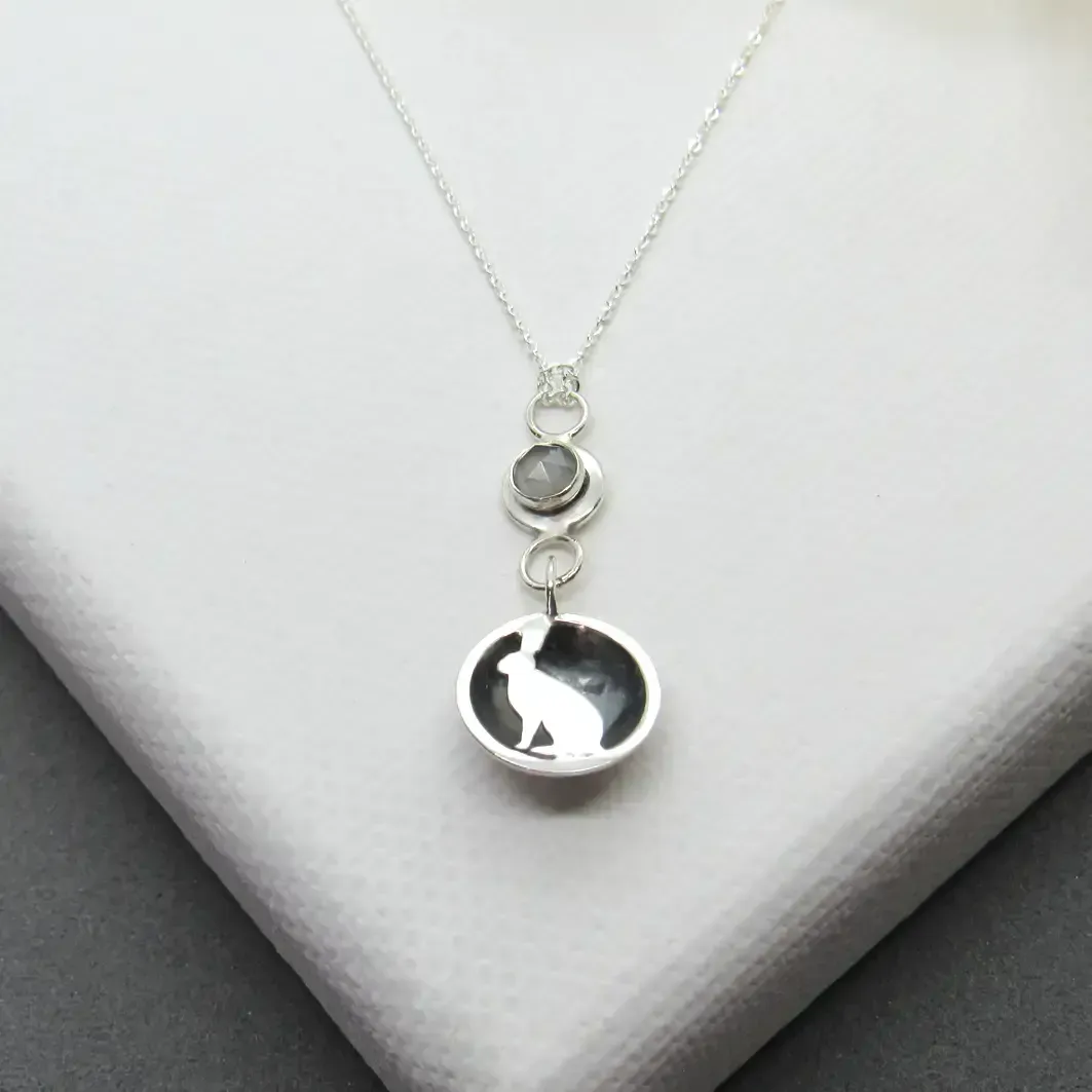 Moon Pendant with Sitting Hare and Grey Moonstone Moon Pendant with Sitting Hare and Grey Moonstone