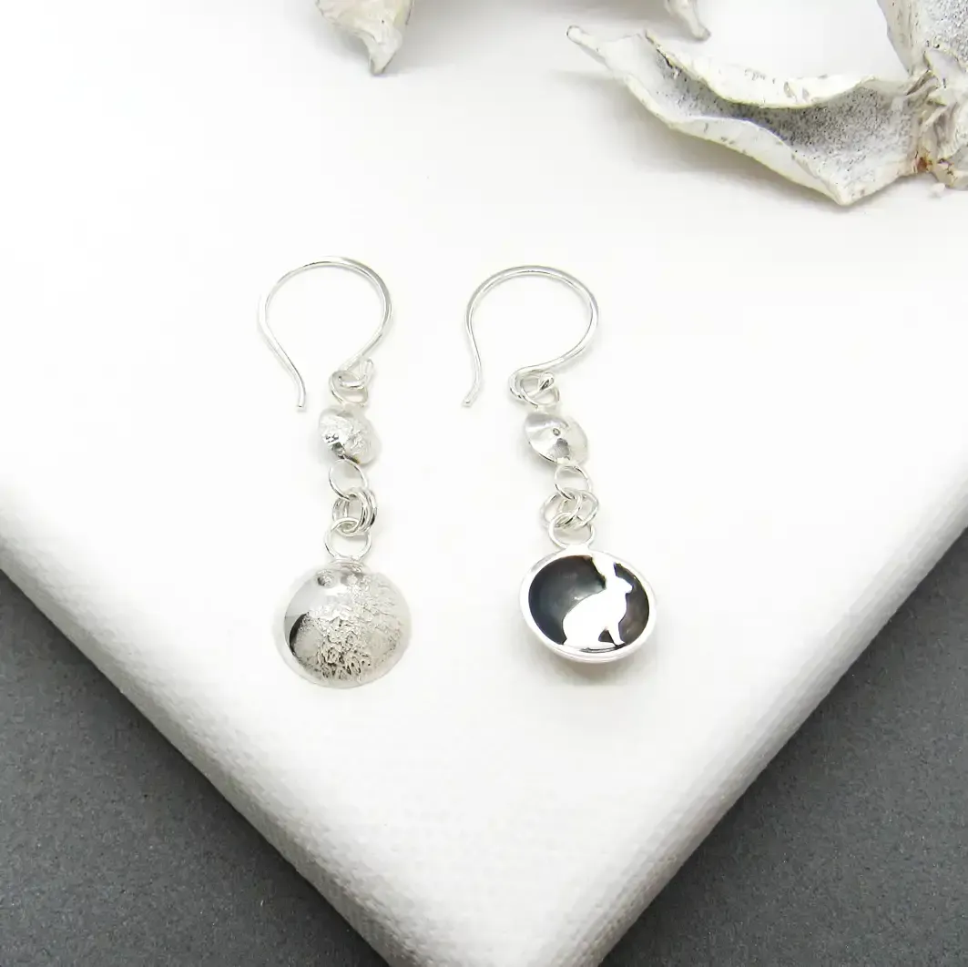 Moon and Sitting Hare Moonstone Micro Bead Mis Matched Earrings Moon and Sitting Hare Moonstone Micro Bead Mis Matched Earrings