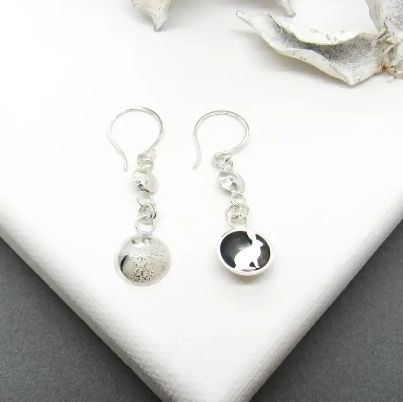 Moon and Sitting Hare Moonstone Micro Bead Mis Matched Earrings