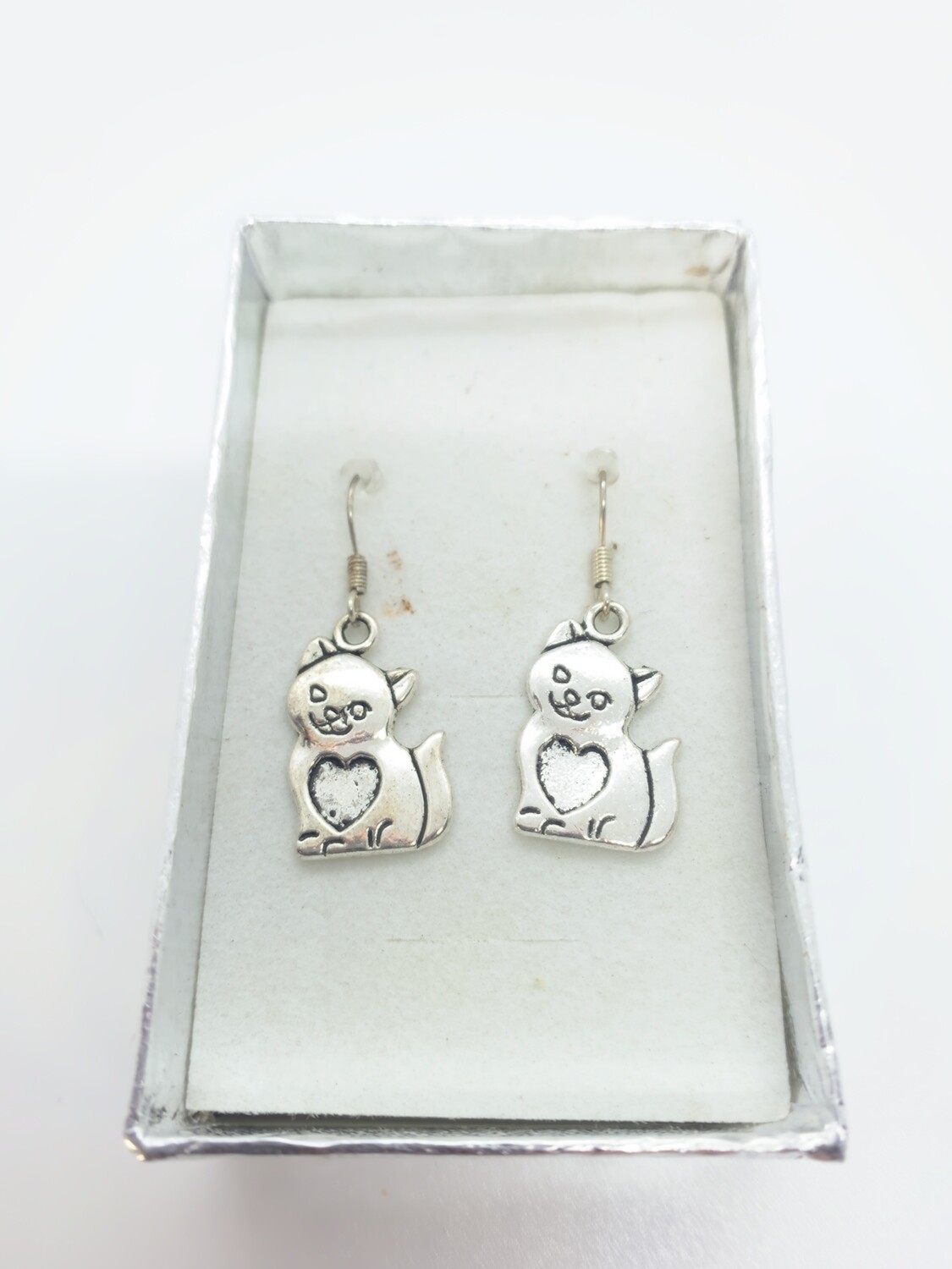 Silver Cat with Heart Earrings