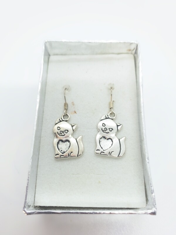 Silver Cat with Heart Earrings