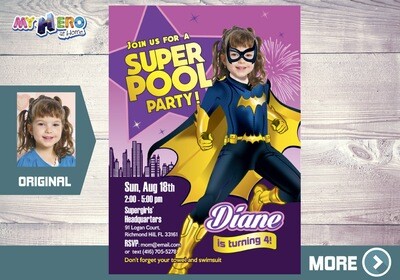 Batwoman Pool Party Invitation, Batwoman Pool Party Birthday, Batwoman Invitation, Batwoman Water Party, DC hero super girls Party, 354
