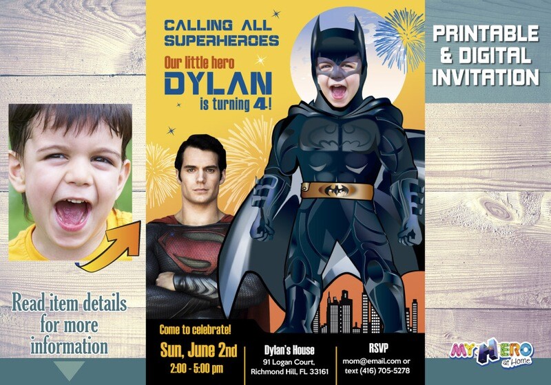 Personalized Batman Invitation, Batman vs superman party invitation, Batman evite party. 064
