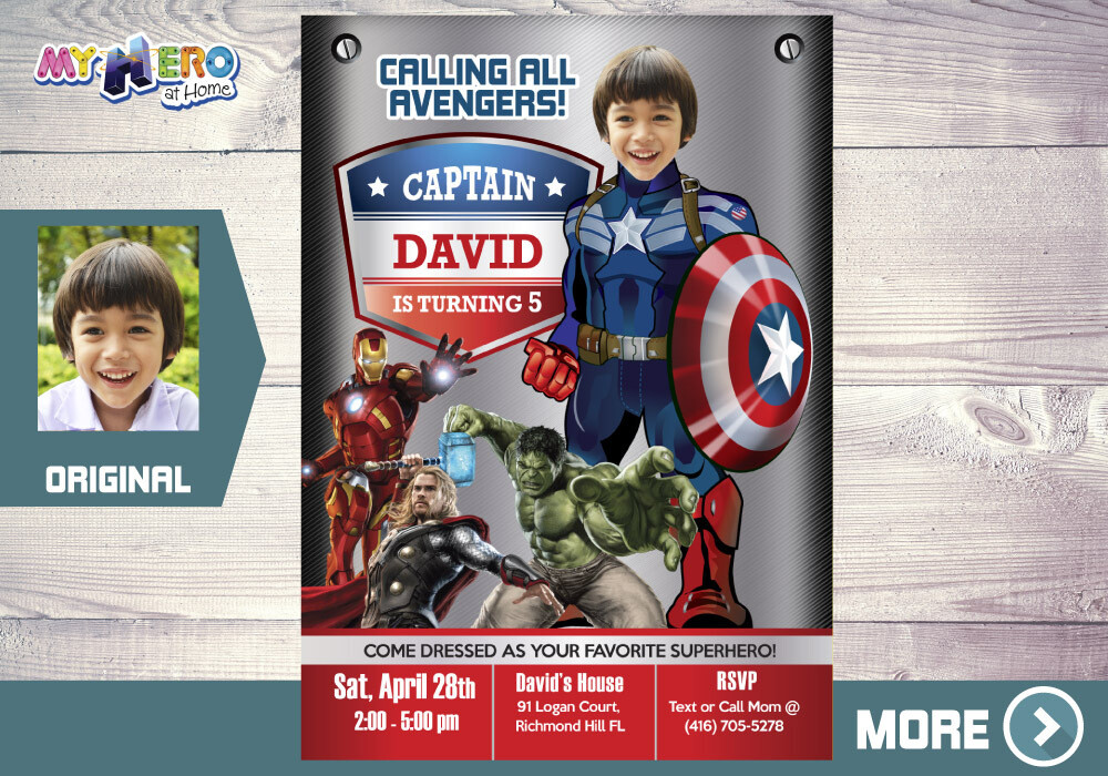Custom Captain America Invitation, Captain America Birthday, Captain America photo invitation, Capt America favor tags.  077