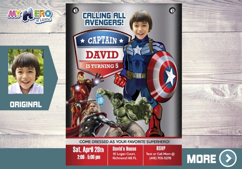 Custom Captain America Invitation, Captain America Birthday, Captain America photo invitation, Capt America favor tags.  077