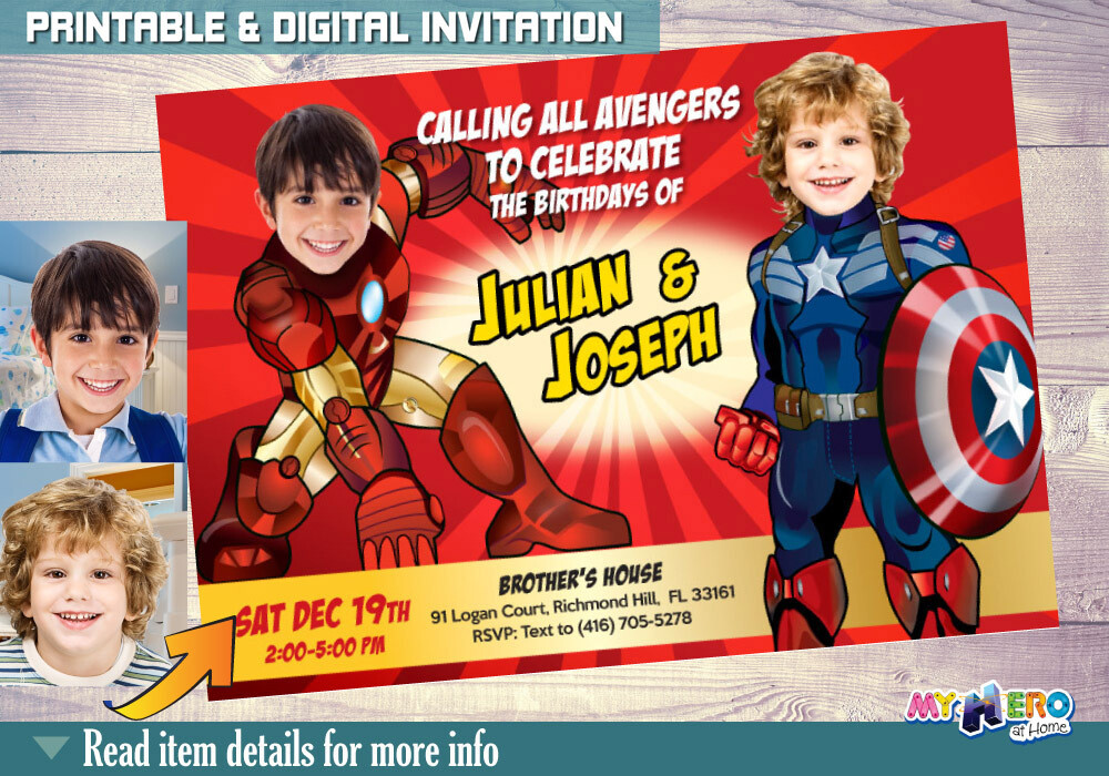 Captain America and Iron Man Birthday Invitation, Brothers Superheroes Birthday, Joint Avengers Party, Iron Man Captain America Party. 080