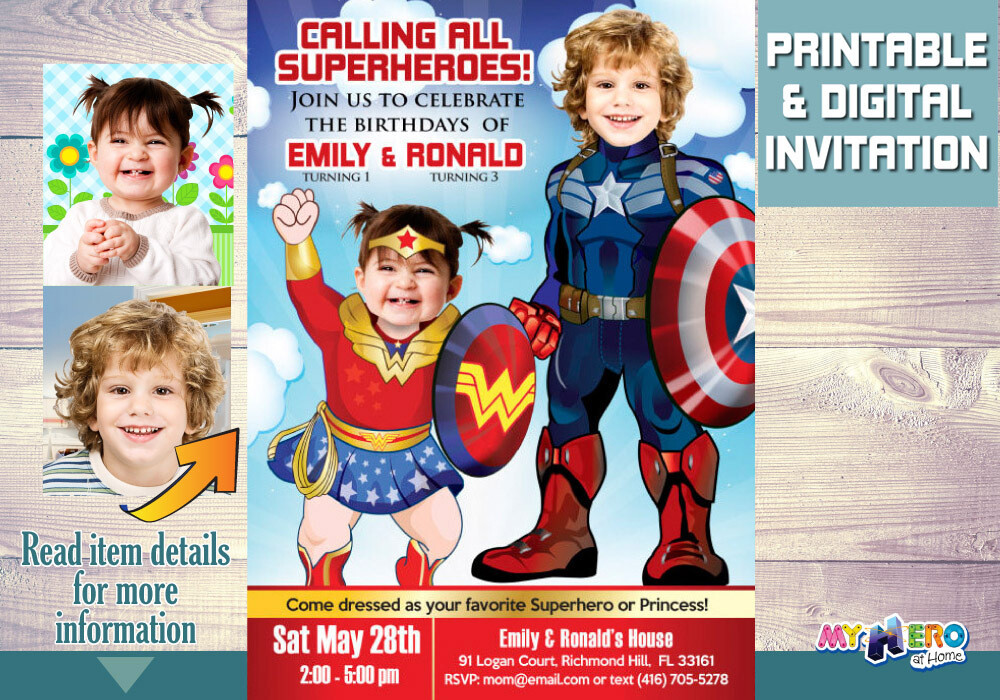 Baby Wonder Woman and Captain America Invitation, Superheroes Birthday Invitation, Captain America Wonder Woman, Joint superheroes party. 081