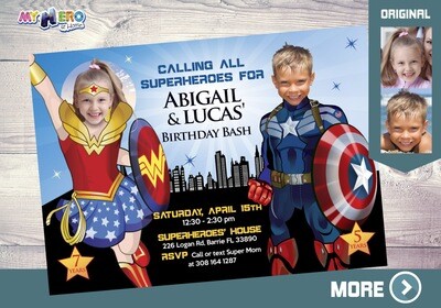 Captain America and Wonder Girl party invitation, Captain America and Wonder Girl theme party, Captain America and Wonder Girl template invitation. 082