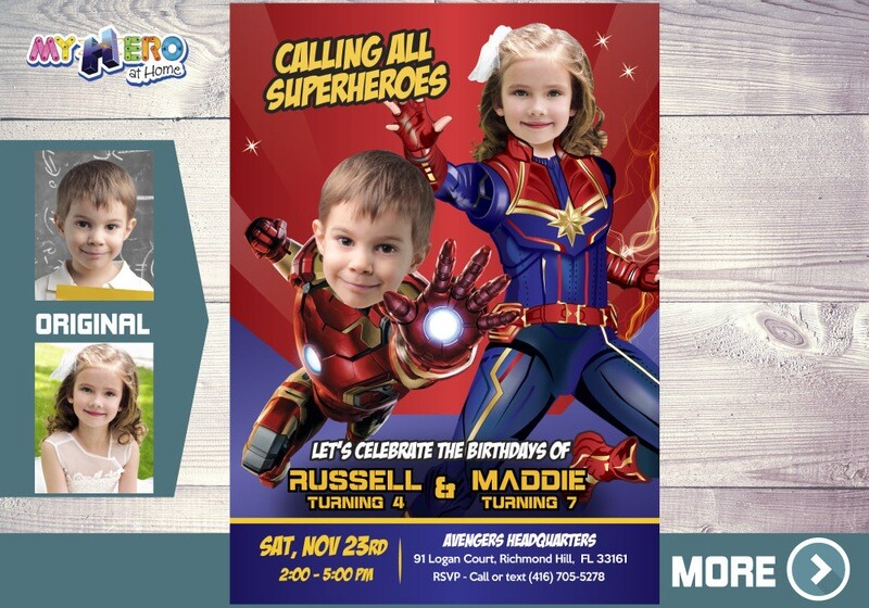 Captain Marvel and Ironman party invitation, Captain Marvel and Ironman theme party, Captain Marvel and Ironman template invitation. 298