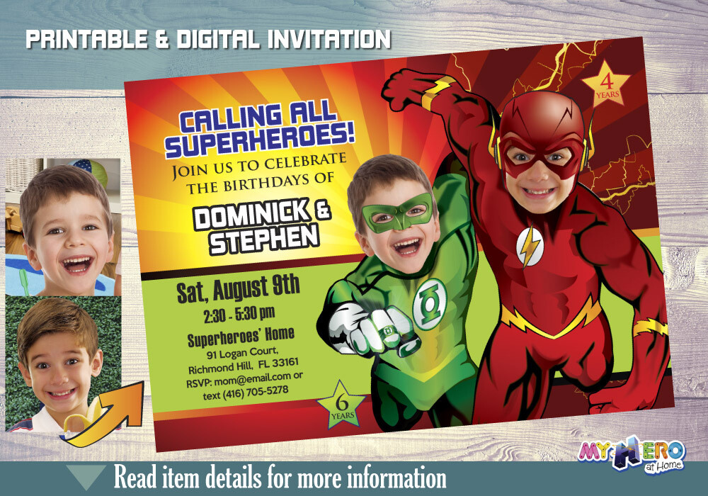 Flash and Green Lantern Birthday Invitation, Justice League Siblings Party, Joint Superheroes Birthday, Flash and Green Lantern Party. 165